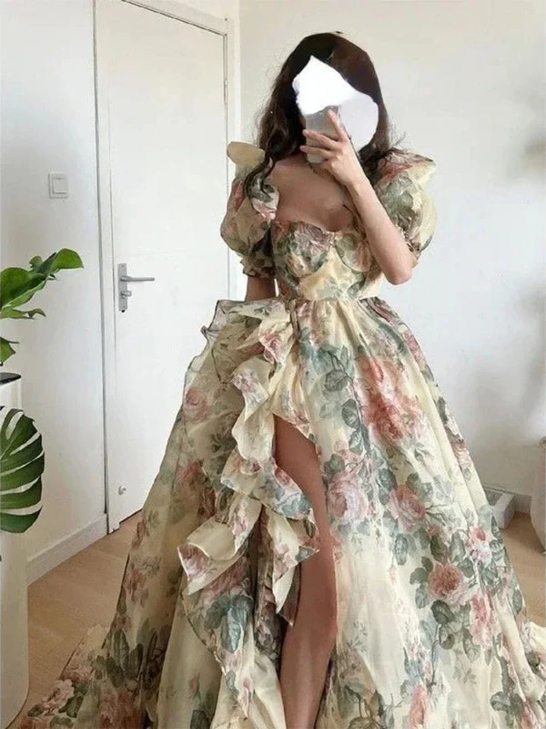 Elegant Evening Party Dress Short Puff Sleeve Organza Long Dress